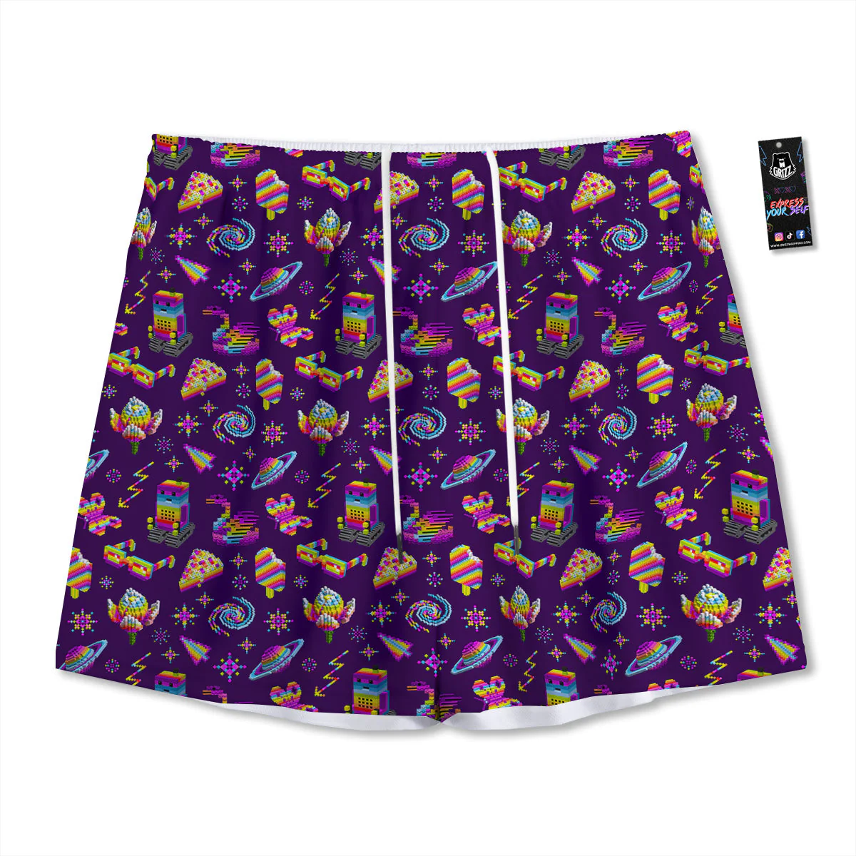 3D Pixel Cartoon Print Pattern Mesh Shorts