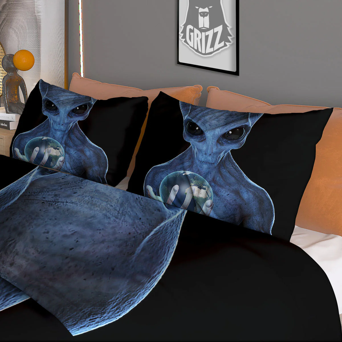 3D Scary Alien Grey Print Duvet Cover Bedding Set - Image 3