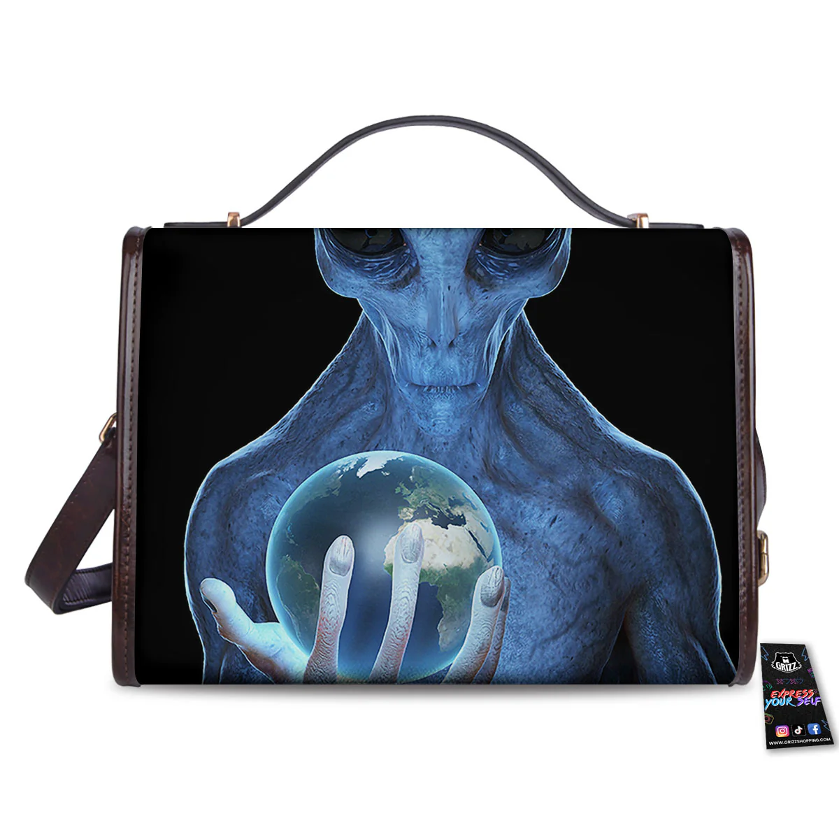 3D Scary Alien Grey Print Women's Satchel Bag - Image 2