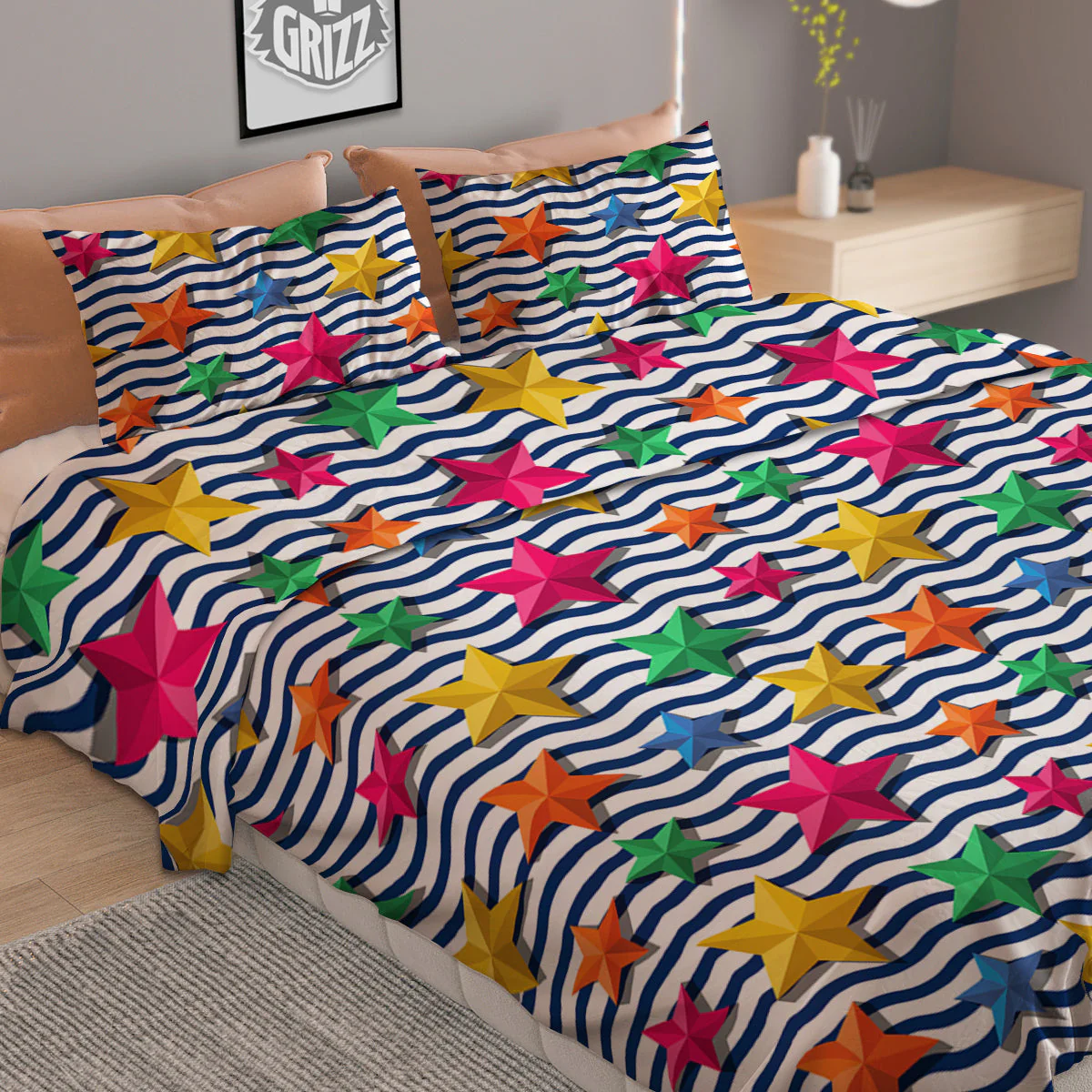 3D Stars And Blue Wave Print Pattern Duvet Cover Bedding Set - Image 2