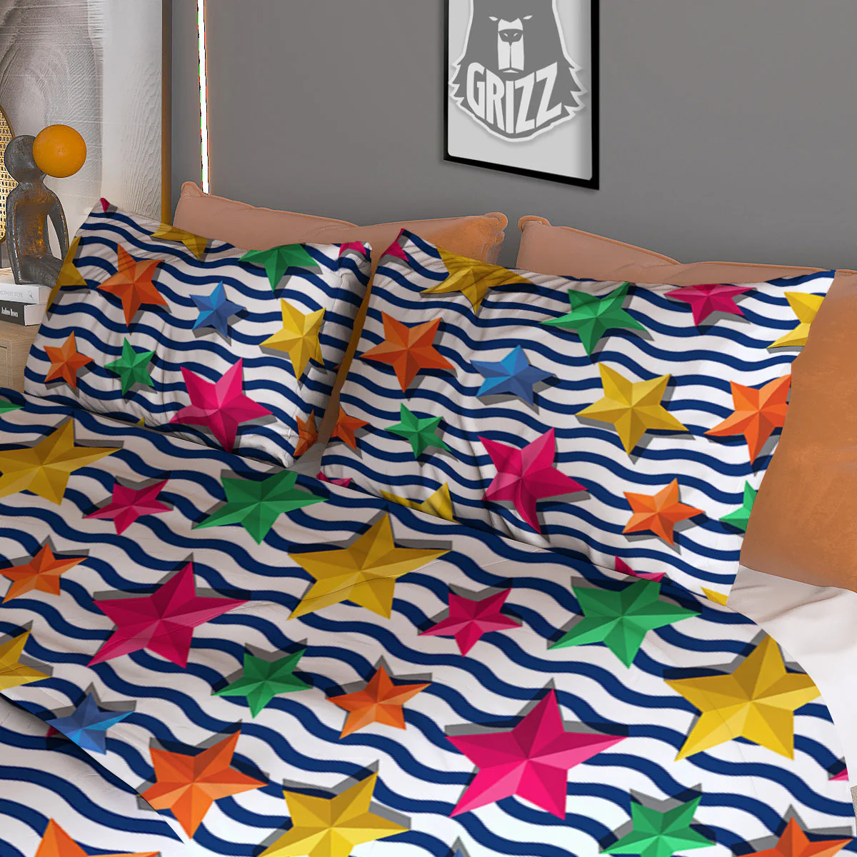 3D Stars And Blue Wave Print Pattern Duvet Cover Bedding Set - Image 3