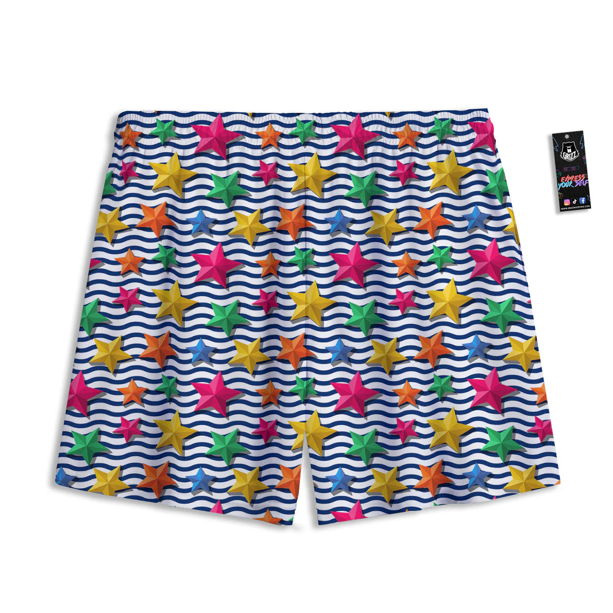 3D Stars And Blue Wave Print Pattern Mesh Shorts - Image 2