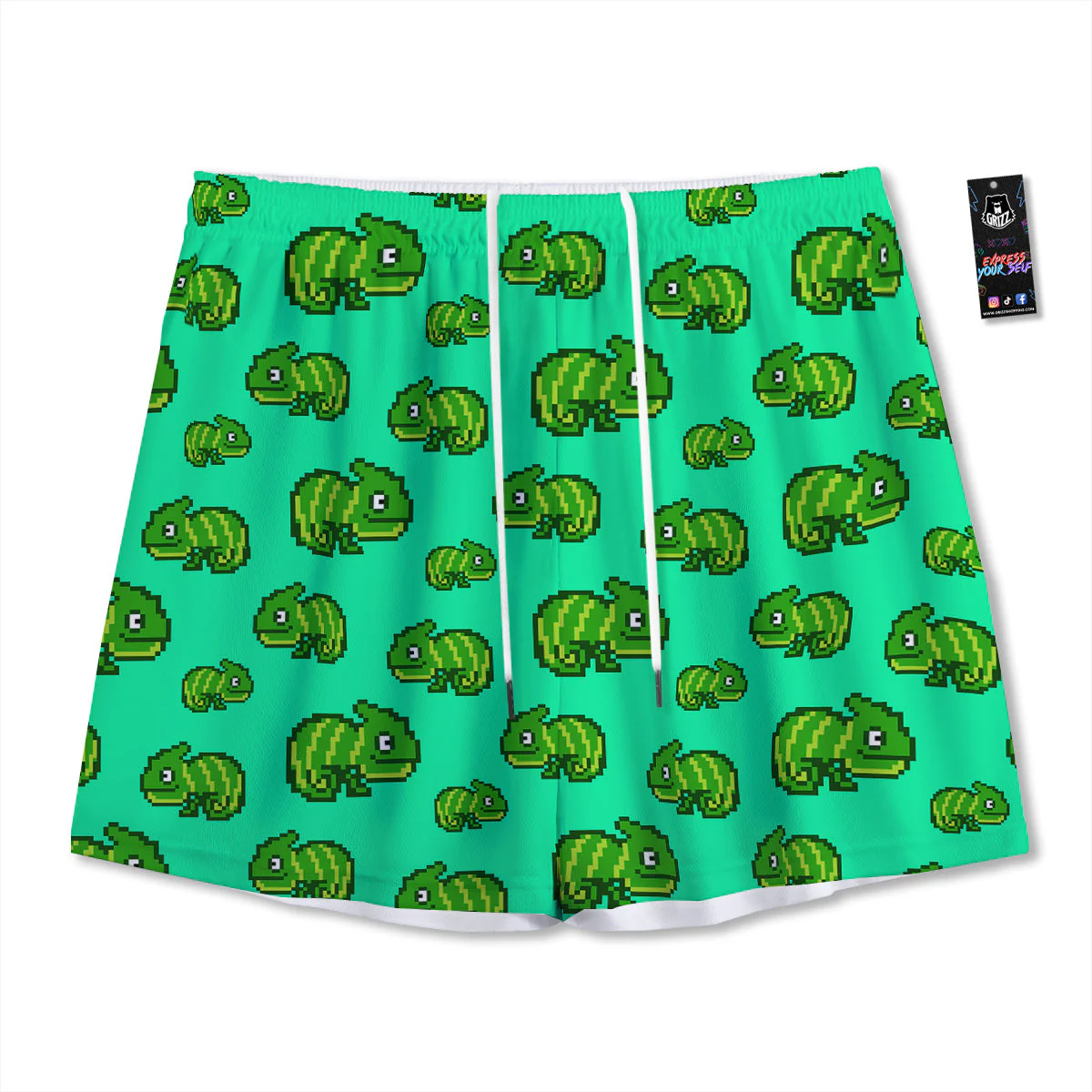 8 Bit Pixel Green Chameleons Print Pattern Mesh Shorts