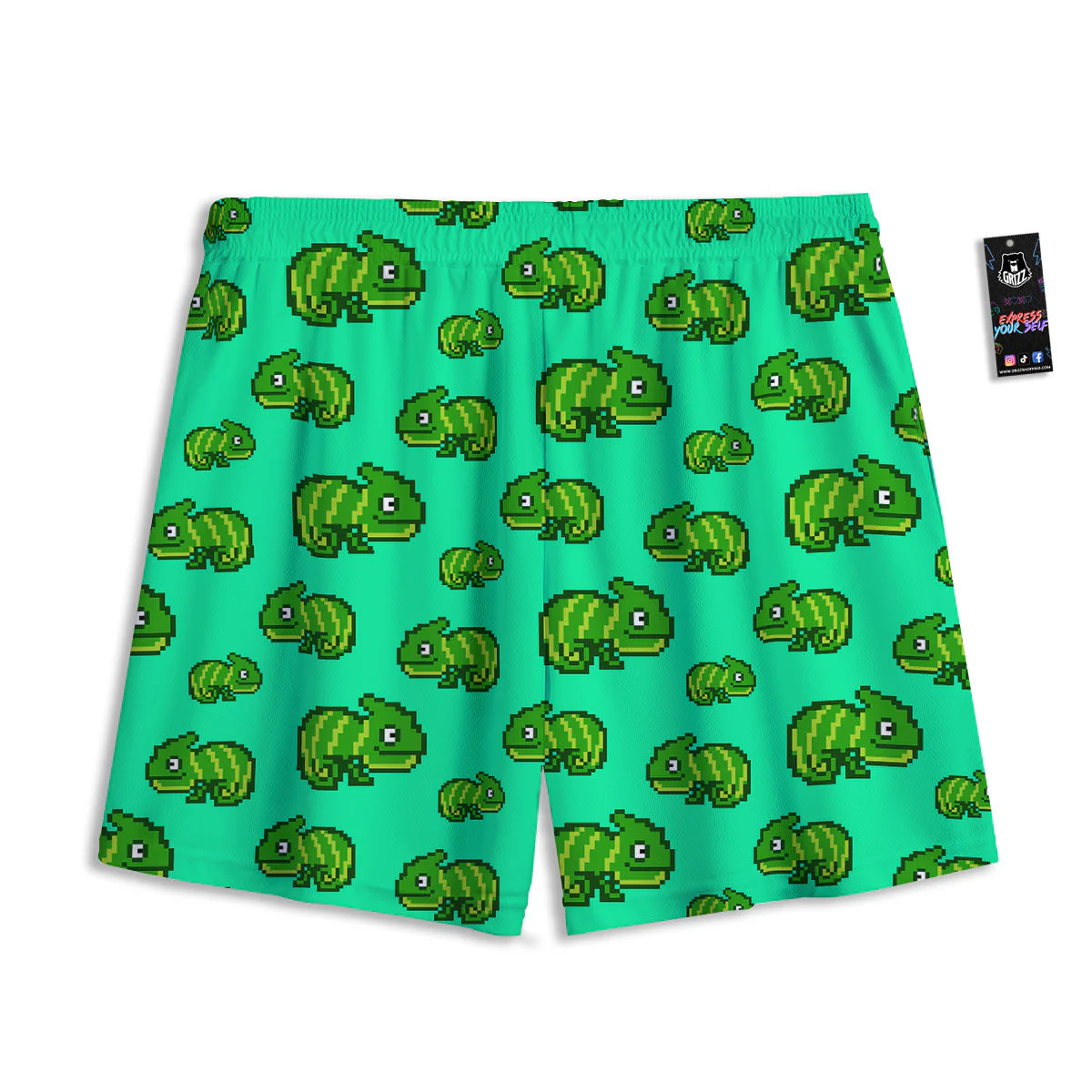8 Bit Pixel Green Chameleons Print Pattern Mesh Shorts - Image 2