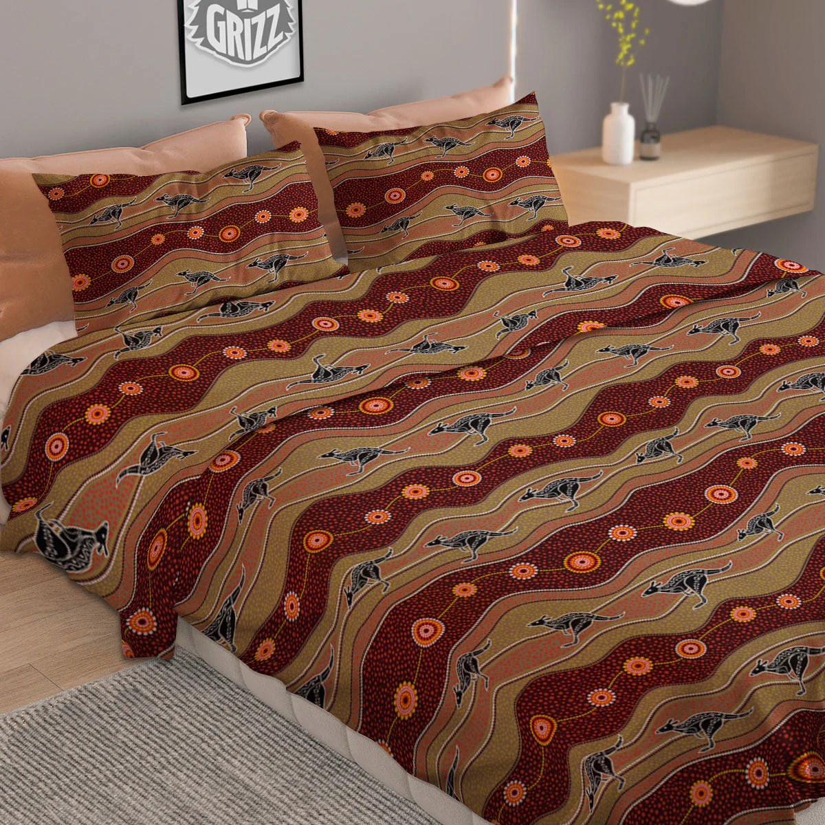 Aboriginal Australian Kangaroo Print Duvet Cover Bedding Set - Image 2