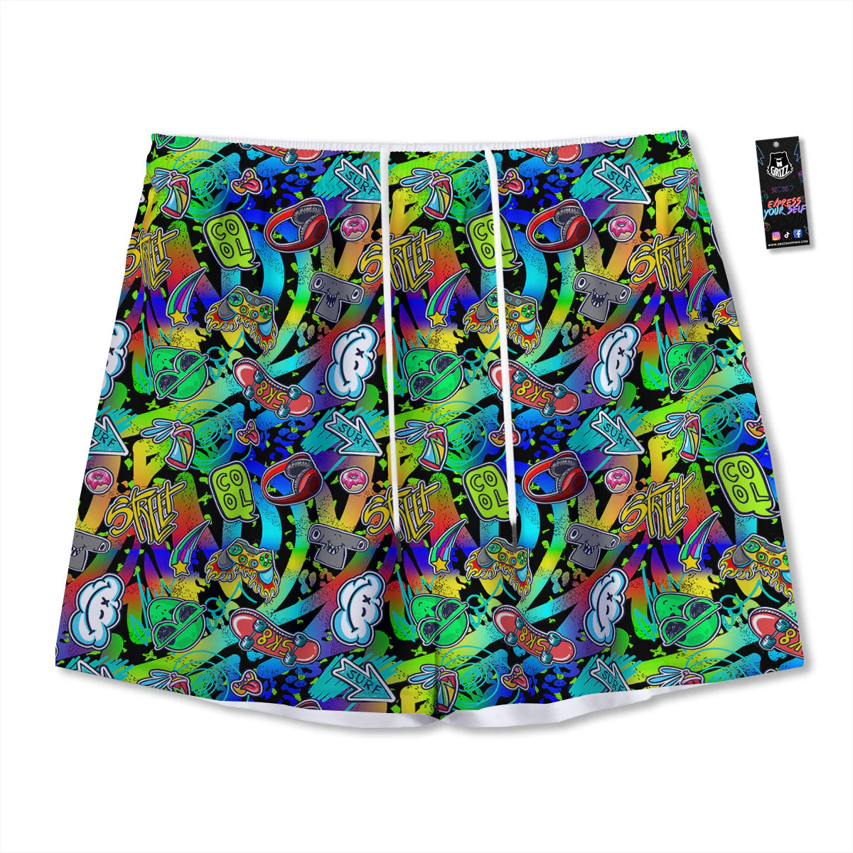 Abstract Alien Graffiti Text Print Pattern Mesh Shorts