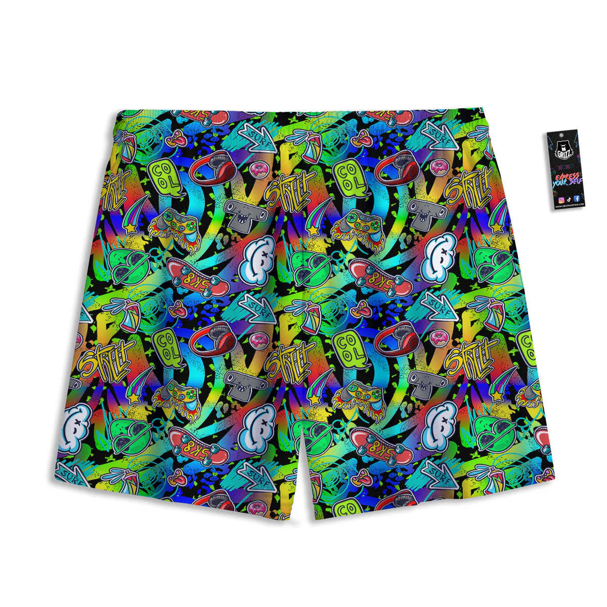 Abstract Alien Graffiti Text Print Pattern Mesh Shorts - Image 2