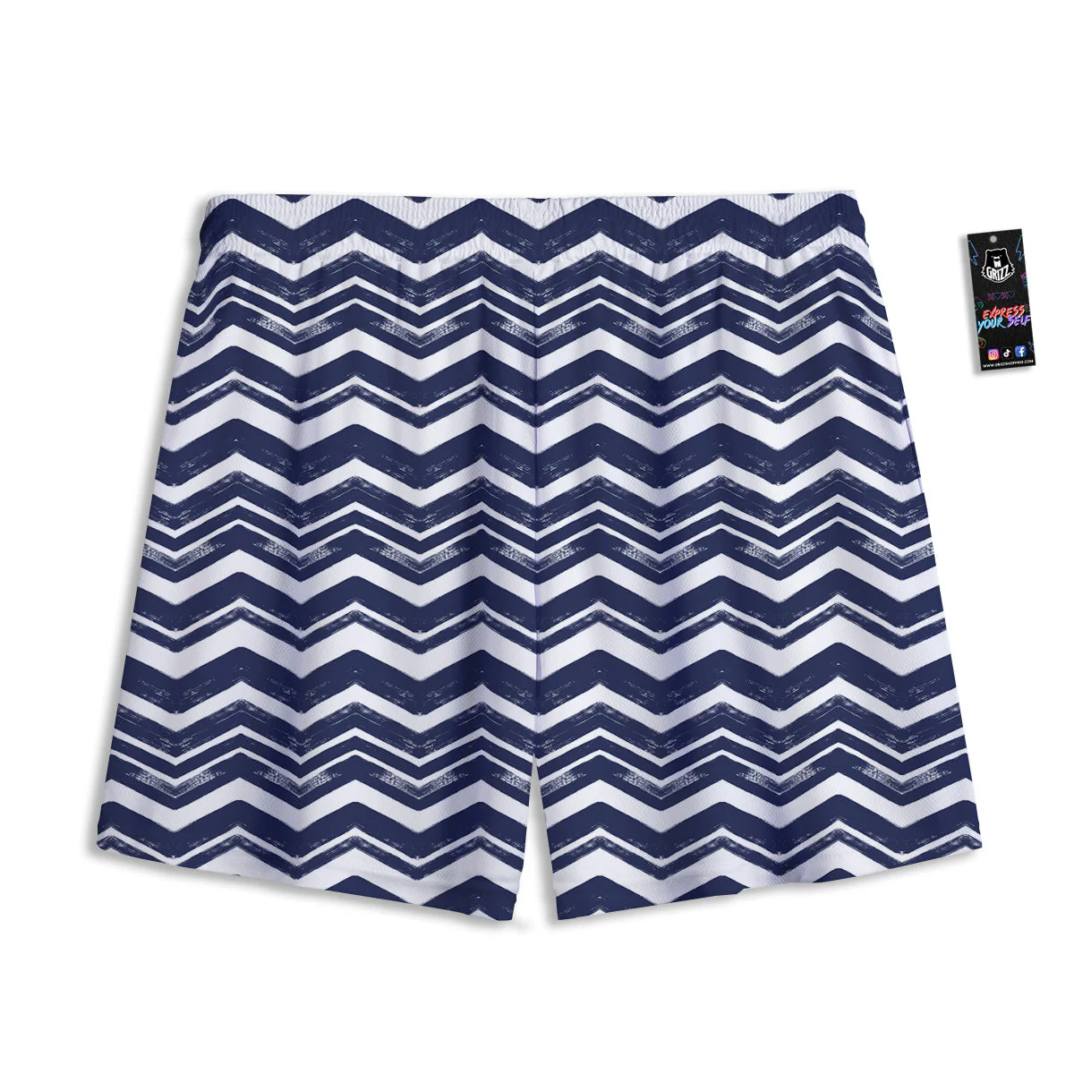 Abstract Chevron Watercolor Blue Print Pattern Mesh Shorts - Image 2