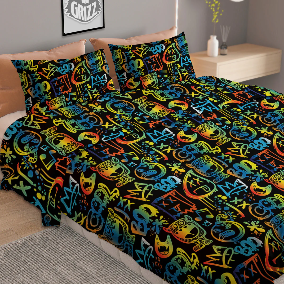 Abstract Graffiti Neon Monsters Print Pattern Duvet Cover Bedding Set - Image 2