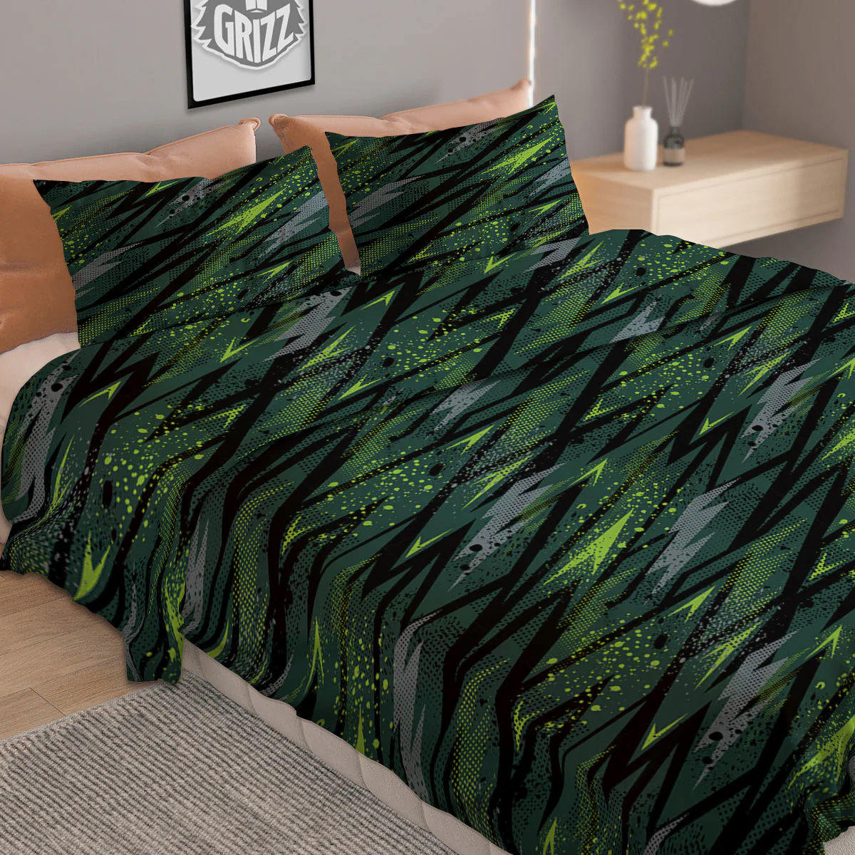 Abstract Green Lightning Print Pattern Duvet Cover Bedding Set - Image 2
