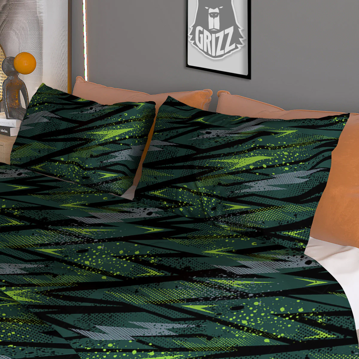 Abstract Green Lightning Print Pattern Duvet Cover Bedding Set - Image 3