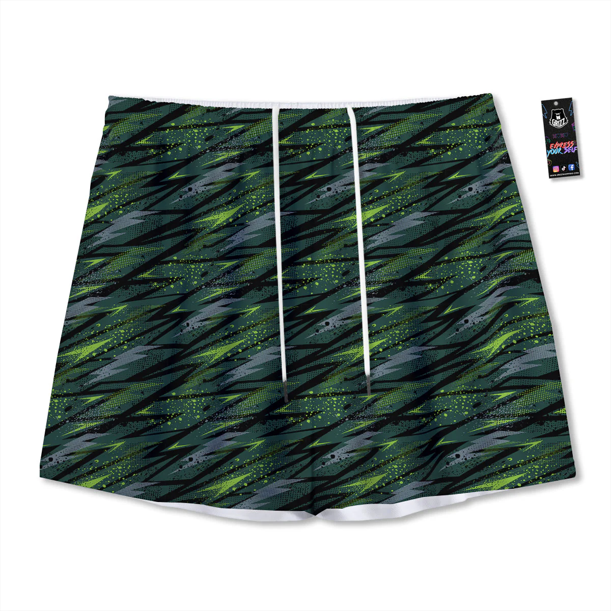 Abstract Green Lightning Print Pattern Mesh Shorts