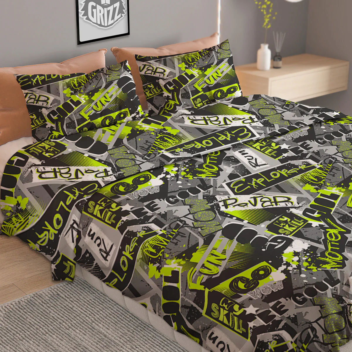 Abstract Grey And Neon Green Graffiti Print Pattern Duvet Cover Bedding Set - Image 2