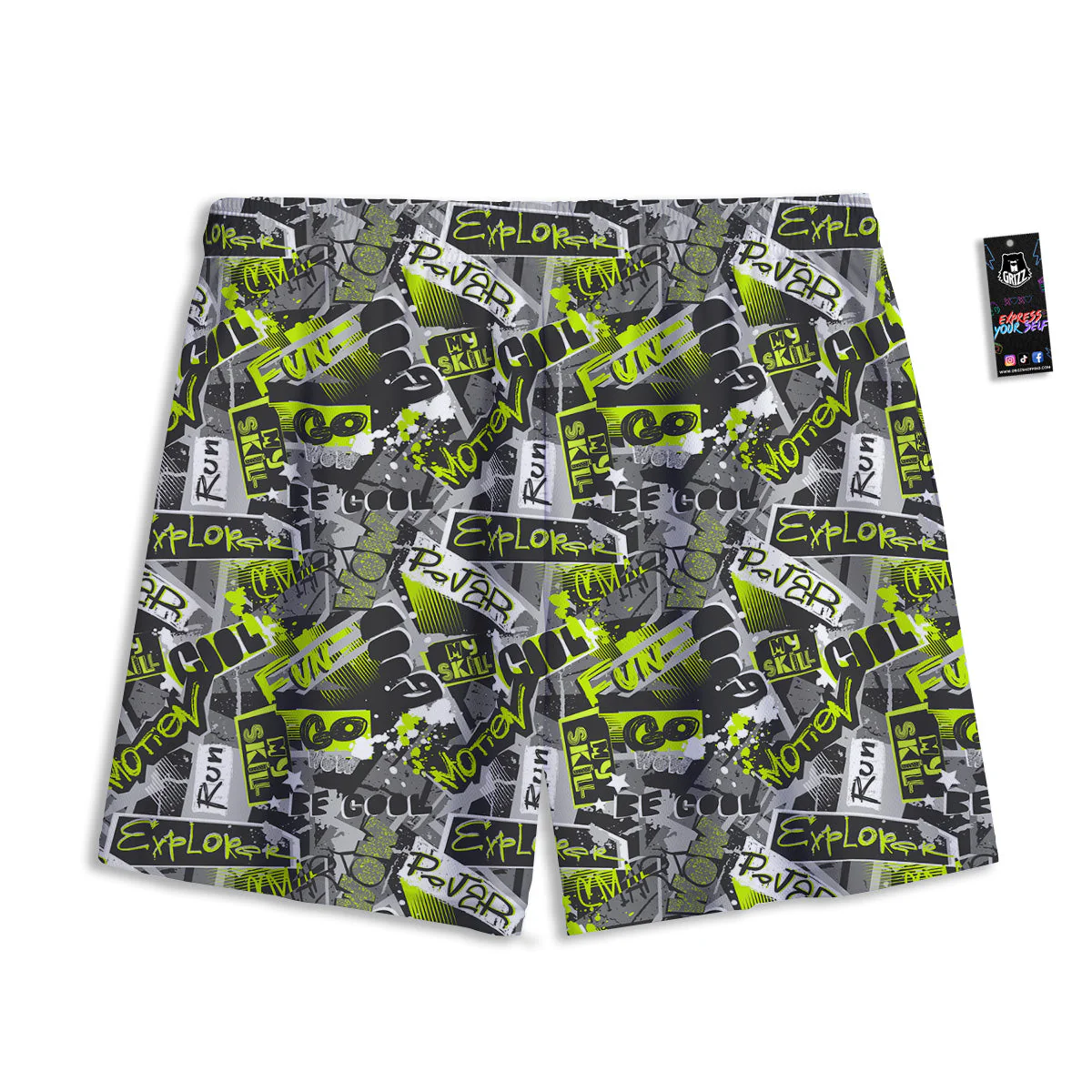 Abstract Grey And Neon Green Graffiti Print Pattern Mesh Shorts - Image 2