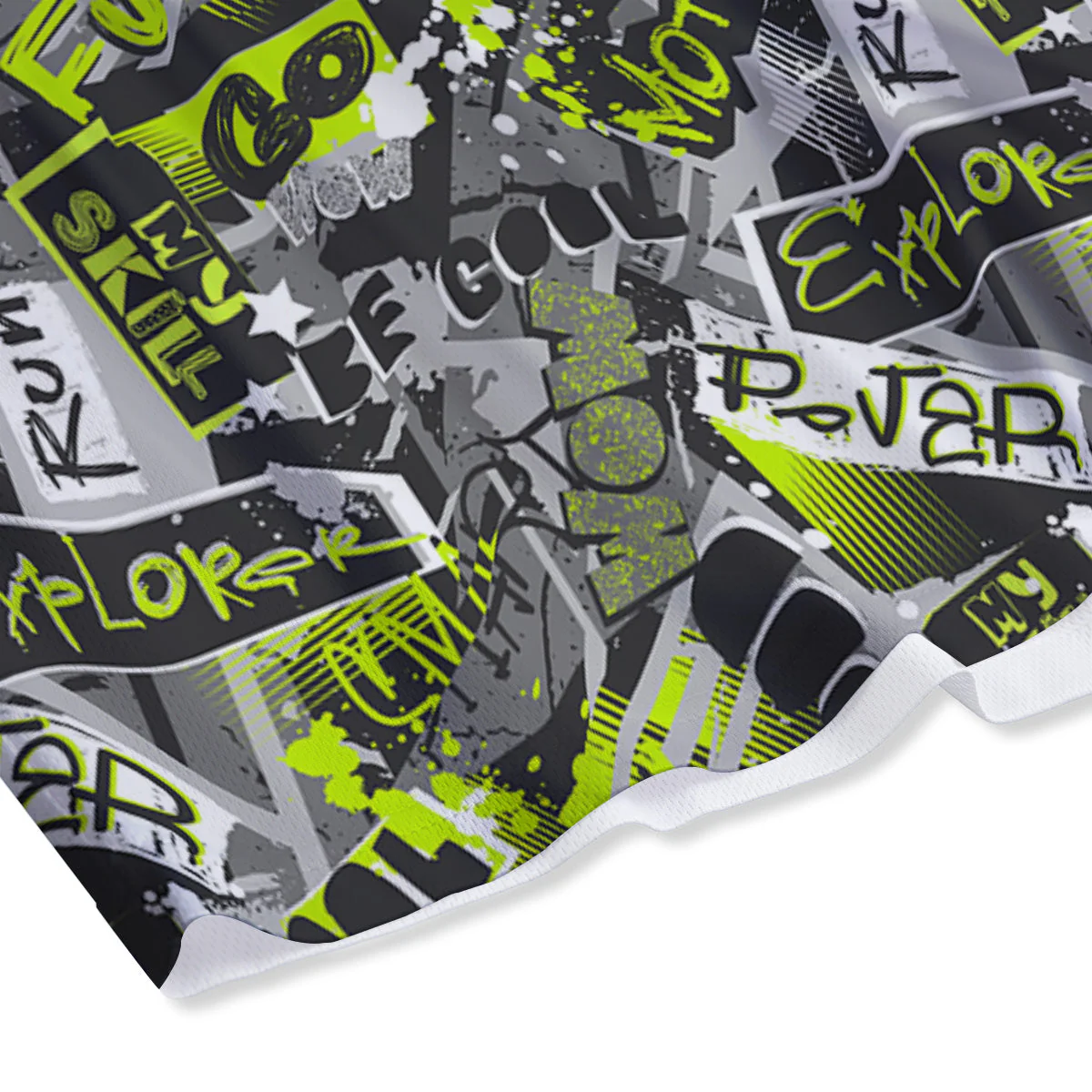 Abstract Grey And Neon Green Graffiti Print Pattern Mesh Shorts - Image 4