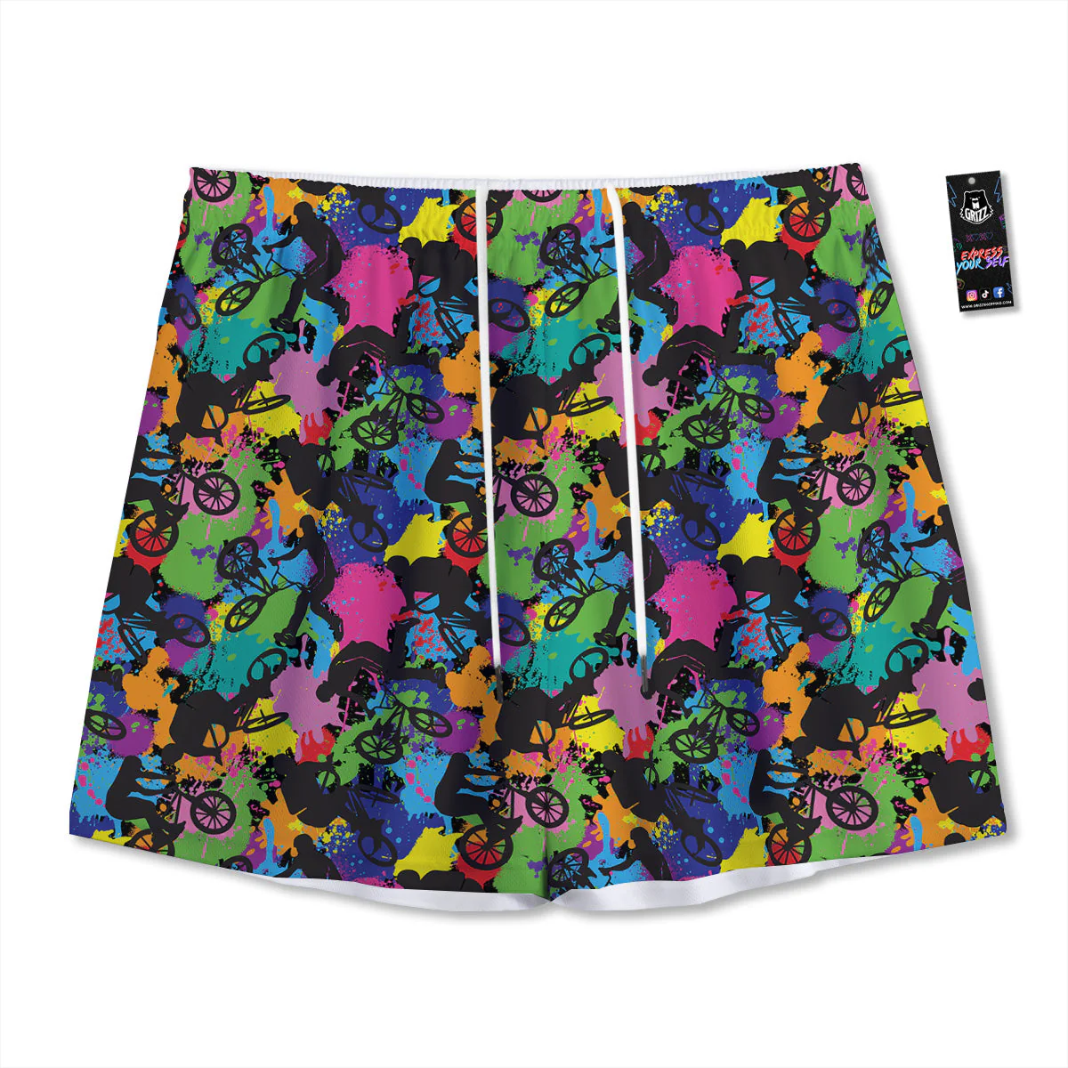 Abstract Grunge Urban Colorful Bicycle Print Pattern Mesh Shorts
