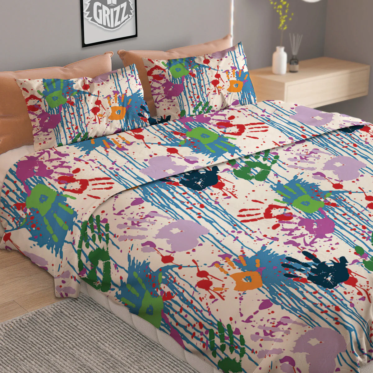 Abstract Hand Prints Colorful Print Pattern Duvet Cover Bedding Set - Image 2