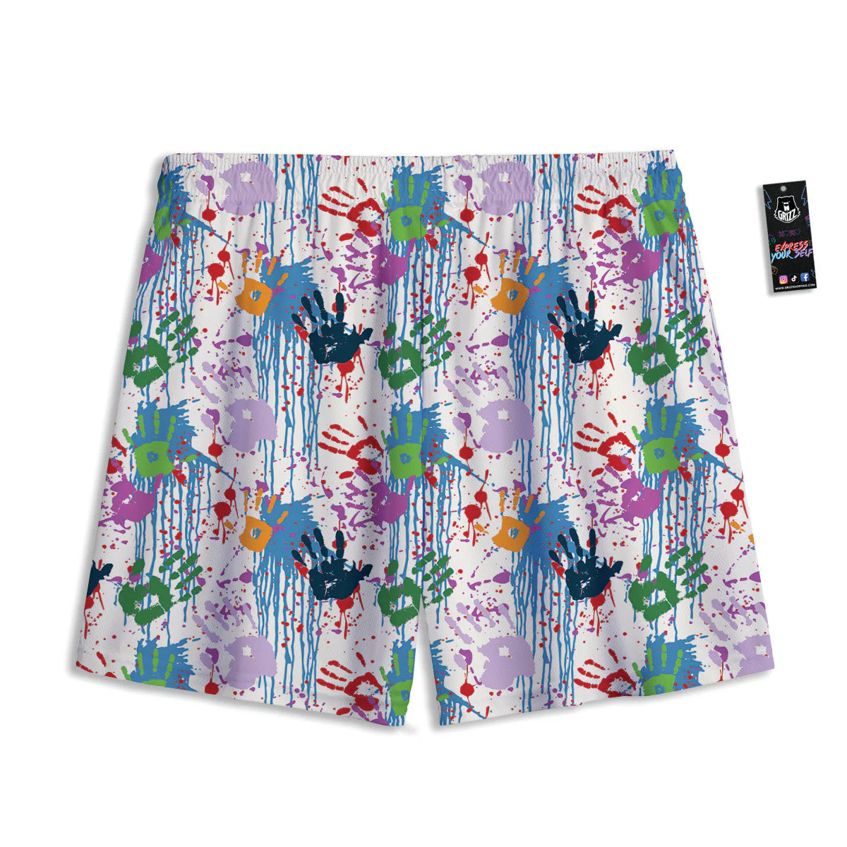 Abstract Hand Prints Colorful Print Pattern Mesh Shorts - Image 2