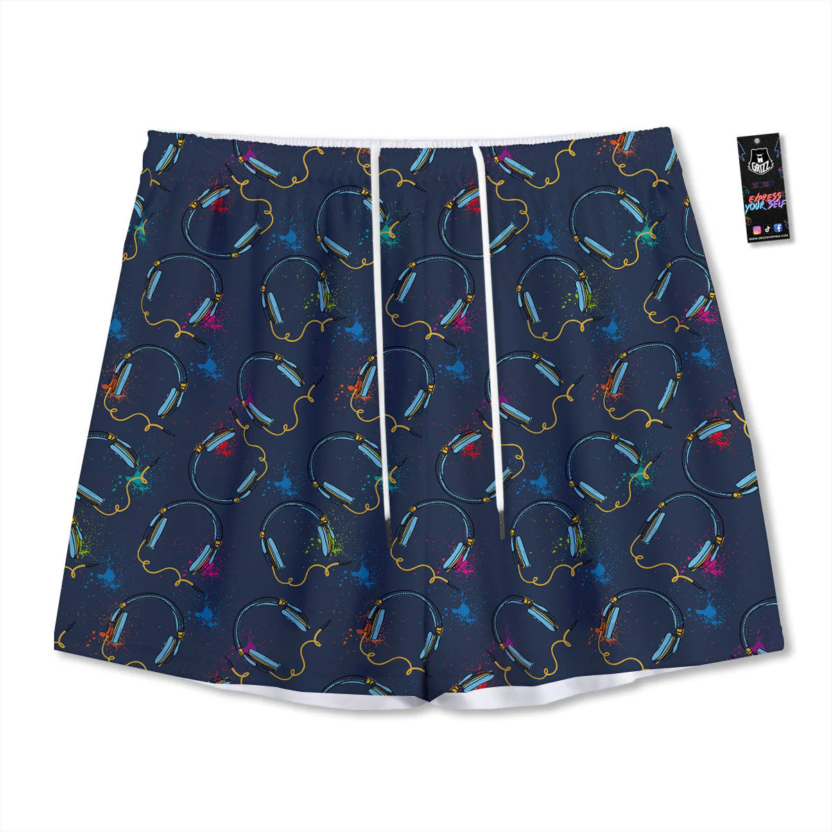 Abstract Headphone Blue Print Pattern Mesh Shorts