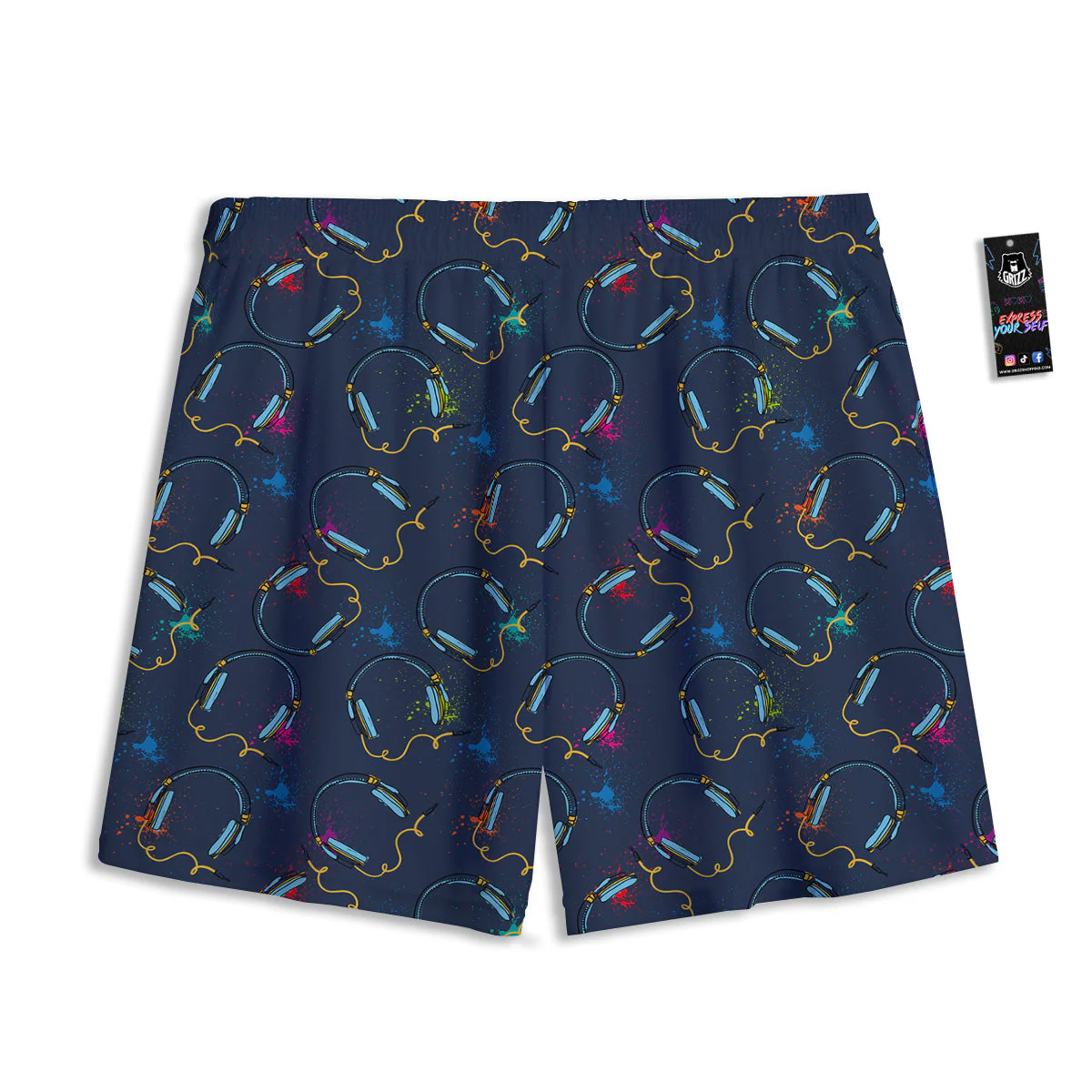 Abstract Headphone Blue Print Pattern Mesh Shorts - Image 2