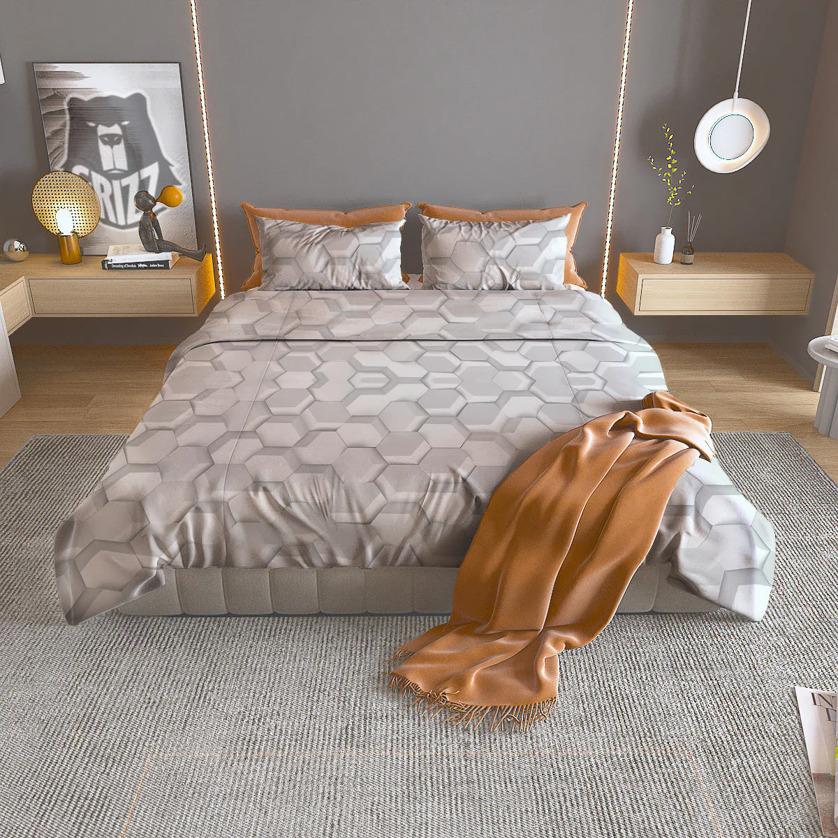 Abstract Hexagonal White 3D Print Pattern Duvet Cover Bedding Set