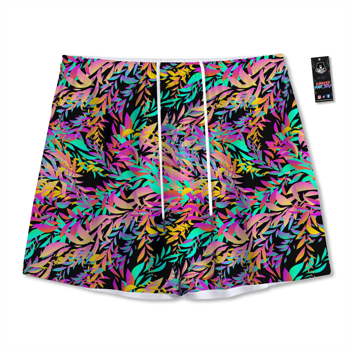 Abstract Leaf Neon Print Pattern Mesh Shorts