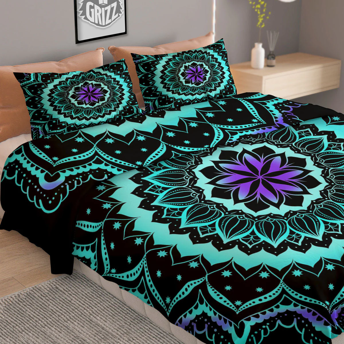 Abstract Mandala Teal And Purple Print Duvet Cover Bedding Set - Image 2