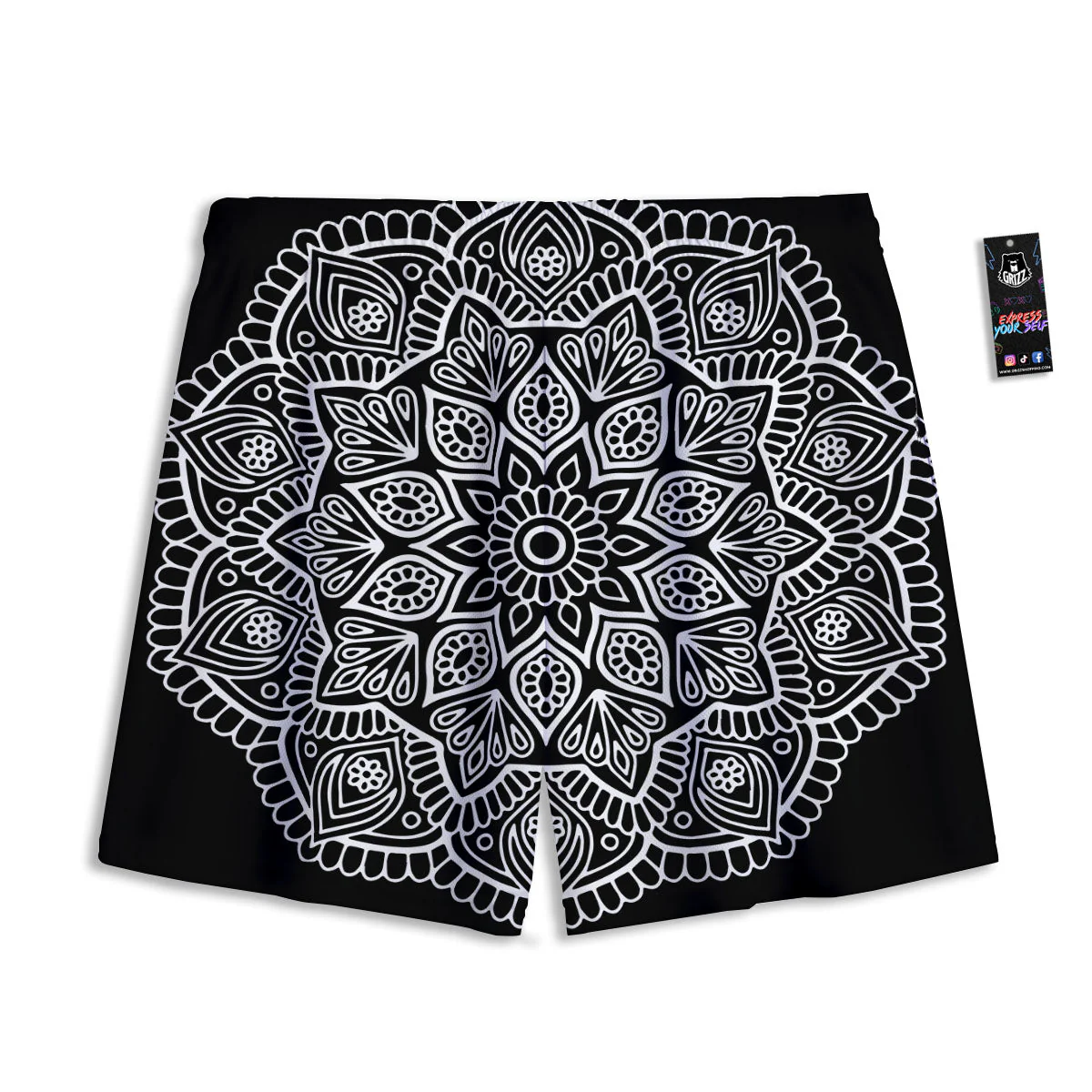Abstract Mandala White And Black Print Mesh Shorts - Image 2