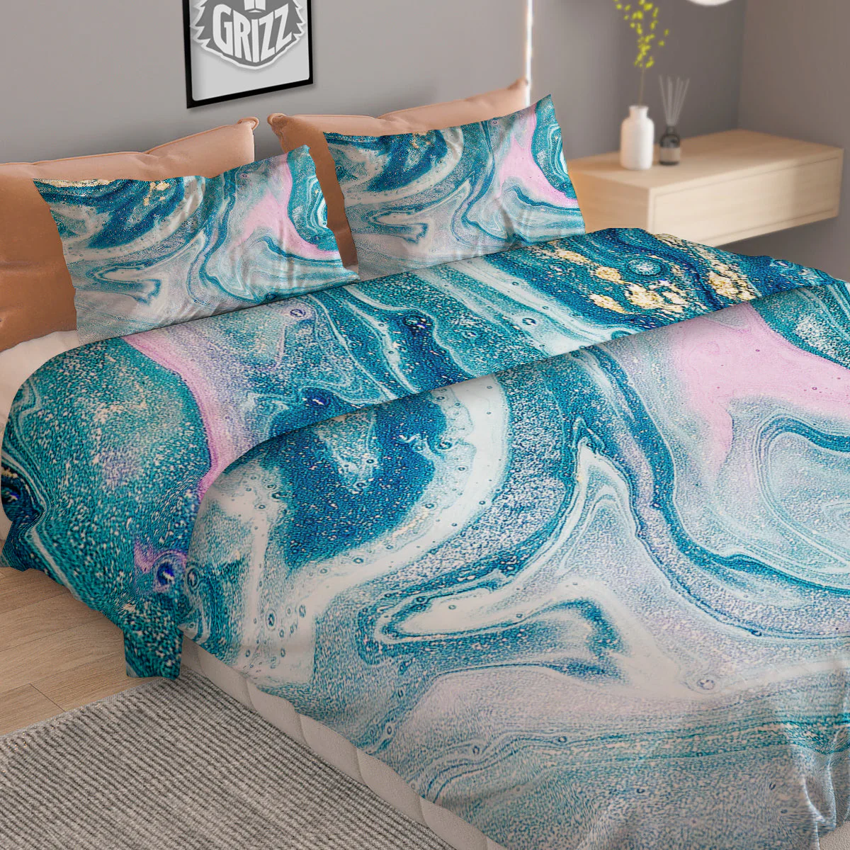 Abstract Ocean Marble Pink Blue Print Duvet Cover Bedding Set - Image 2