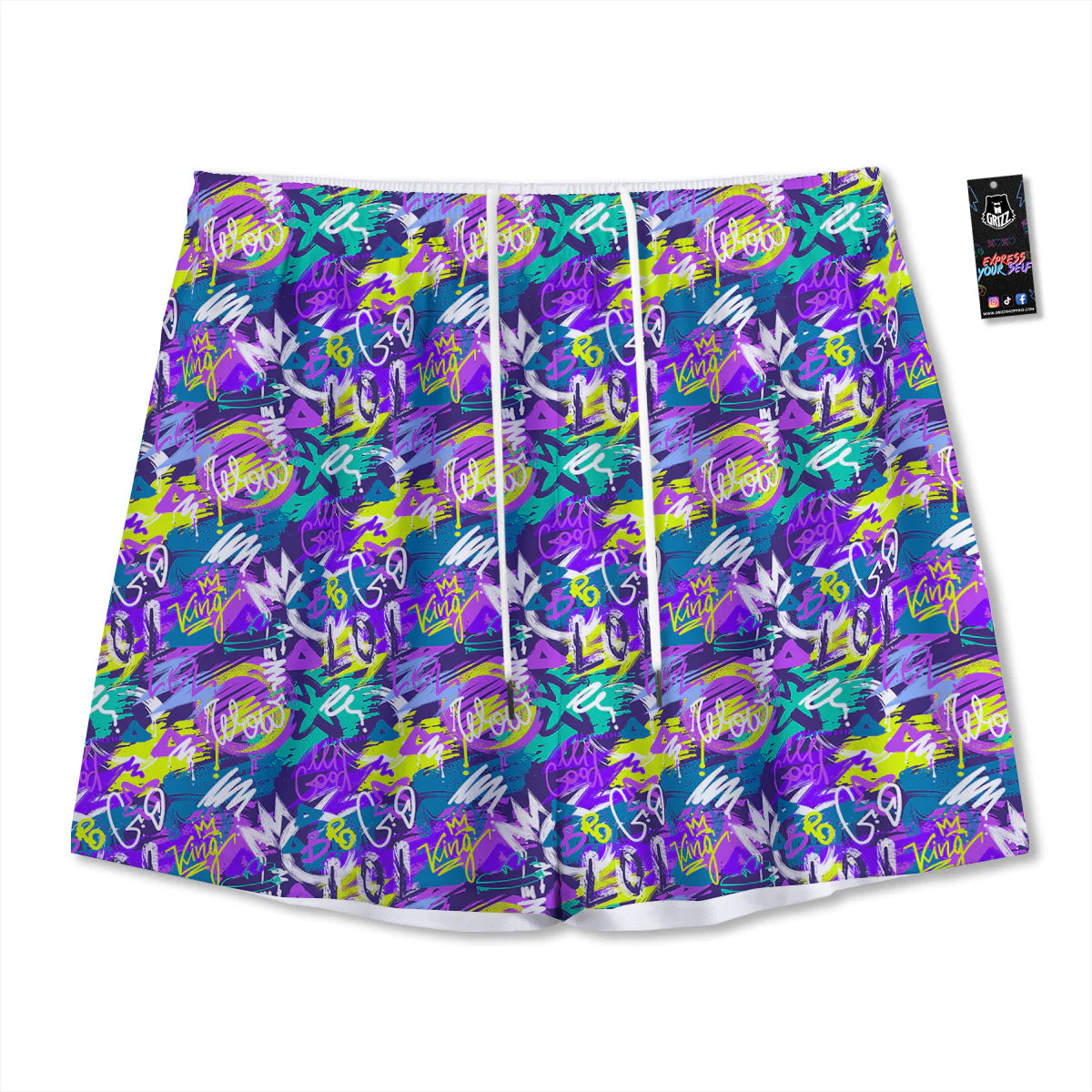 Abstract Purple Graffiti Print Pattern Mesh Shorts
