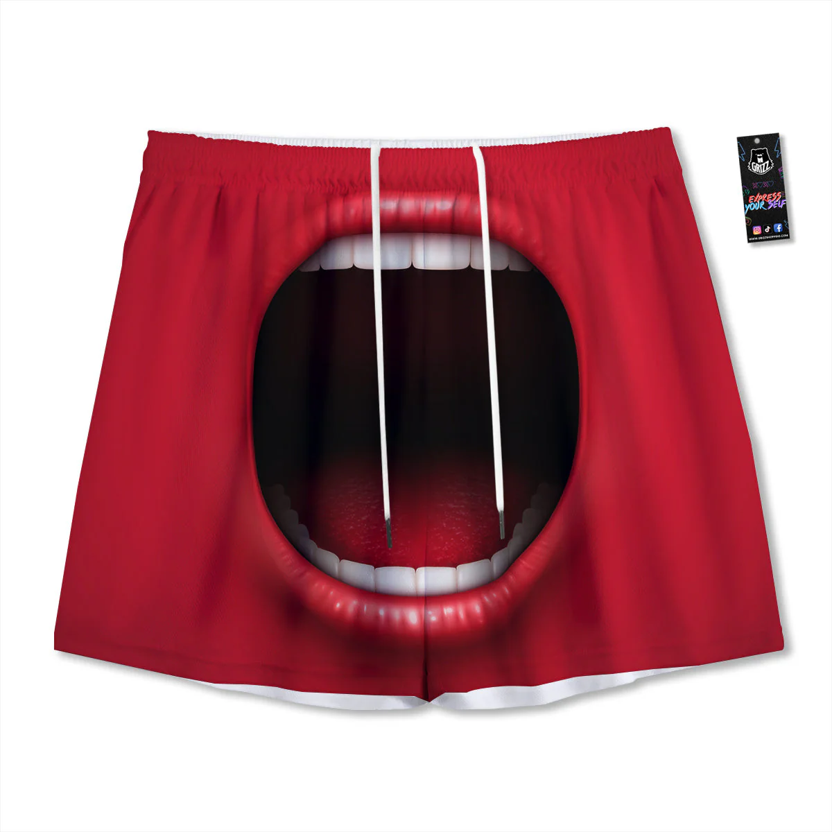Abstract Scream Red Mouth Print Mesh Shorts