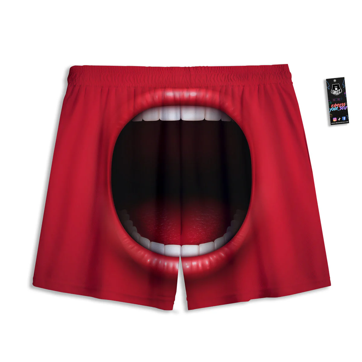 Abstract Scream Red Mouth Print Mesh Shorts - Image 2