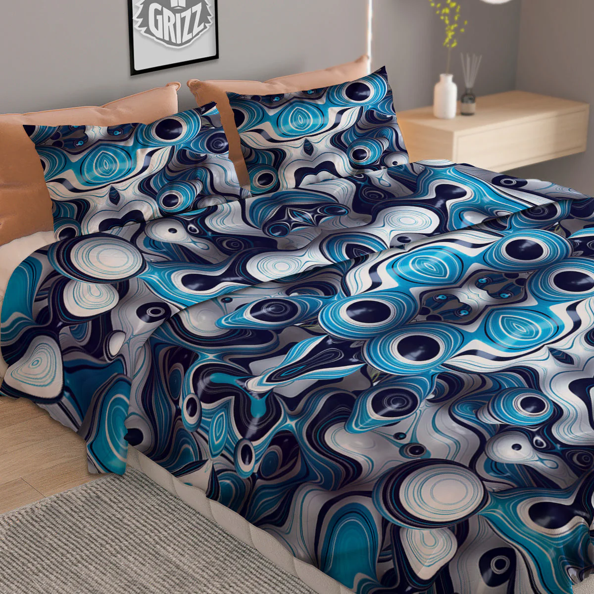 Abstract Wavy Bubbles Blue White Print Pattern Duvet Cover Bedding Set - Image 2