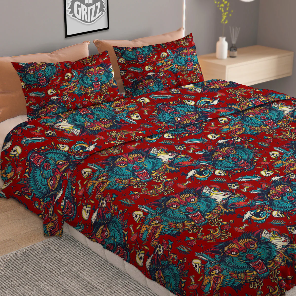 Abstract Wolf Fairy Tale Tattoo Print Pattern Duvet Cover Bedding Set - Image 2
