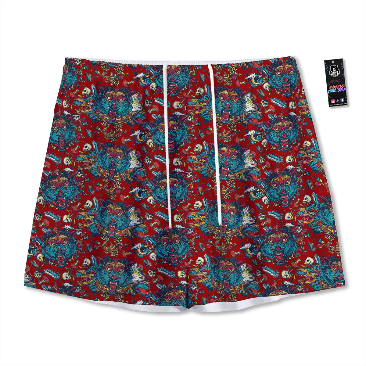 Abstract Wolf Fairy Tale Tattoo Print Pattern Mesh Shorts
