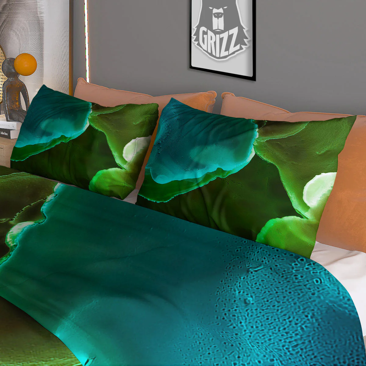 Acid Melt Green And Turquoise Print Duvet Cover Bedding Set - Image 3