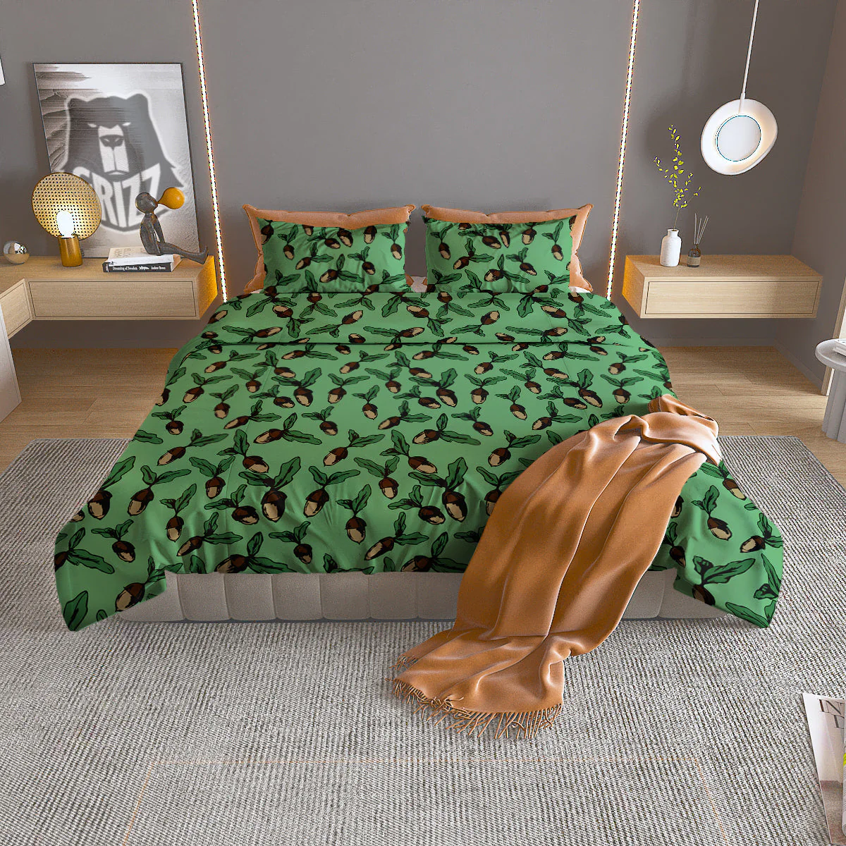 Acorn Green Print Pattern Duvet Cover Bedding Set