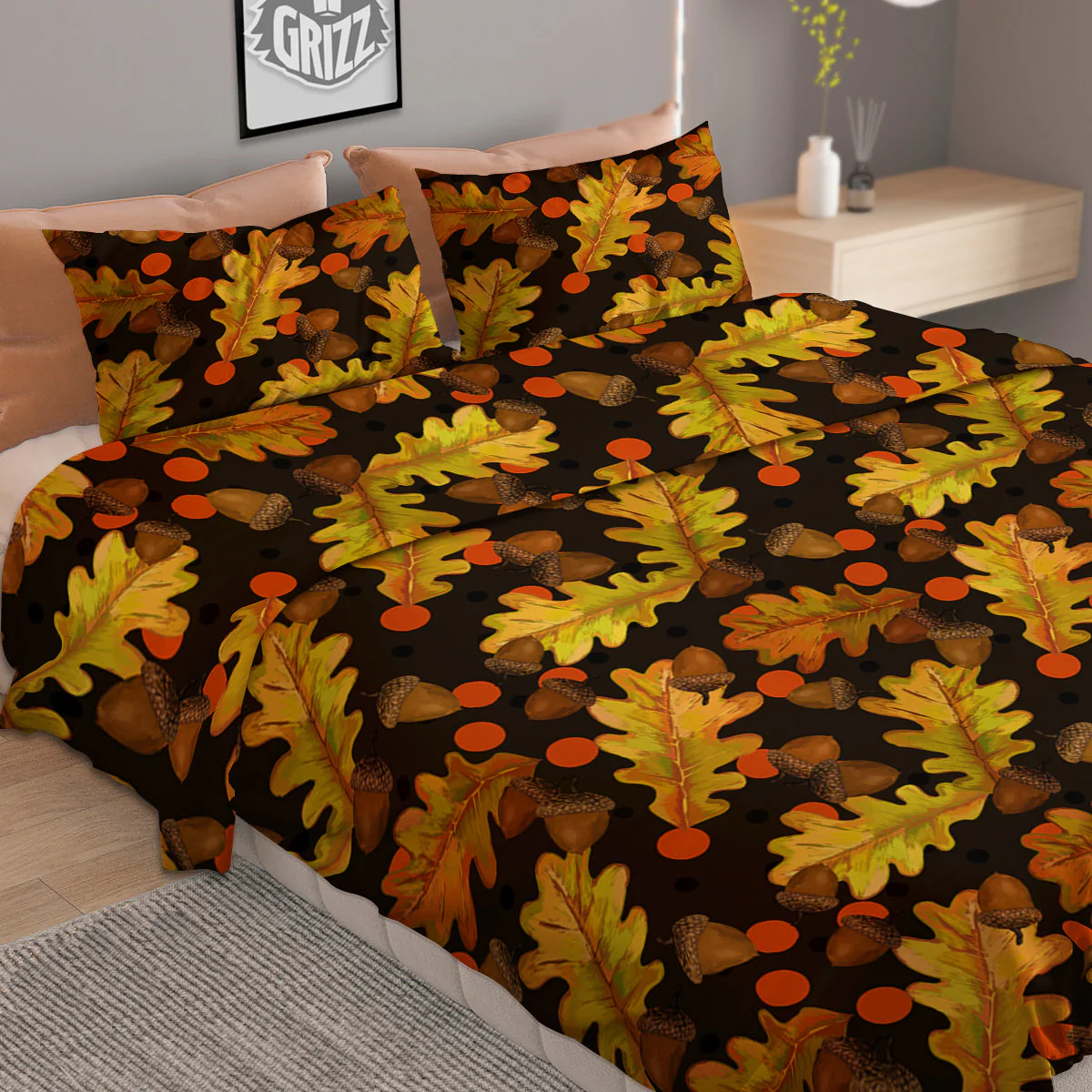 Acorn Leaf Print Pattern Duvet Cover Bedding Set - Image 2