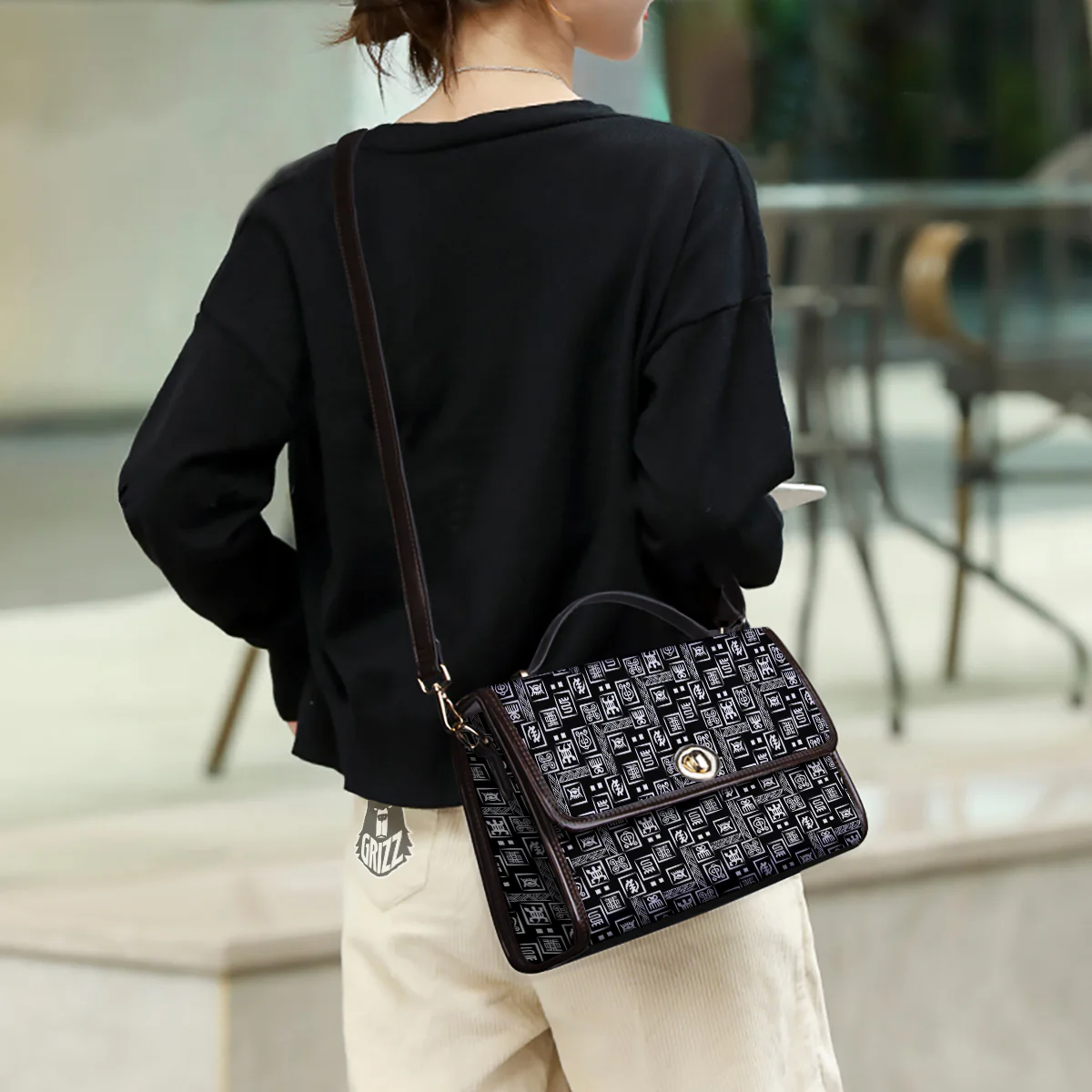 Adinkra Symbols White And Black Print Pattern Women's Satchel Bag - Image 3