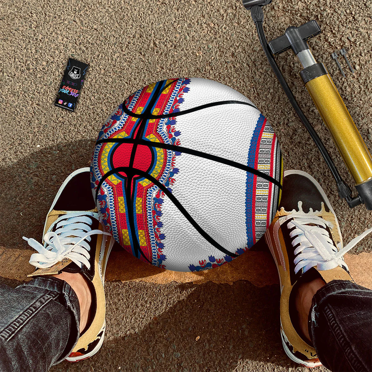 African Dashiki White And Red Print Basketball - Image 2