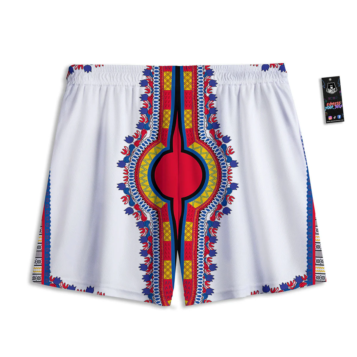 African Dashiki White And Red Print Mesh Shorts - Image 2