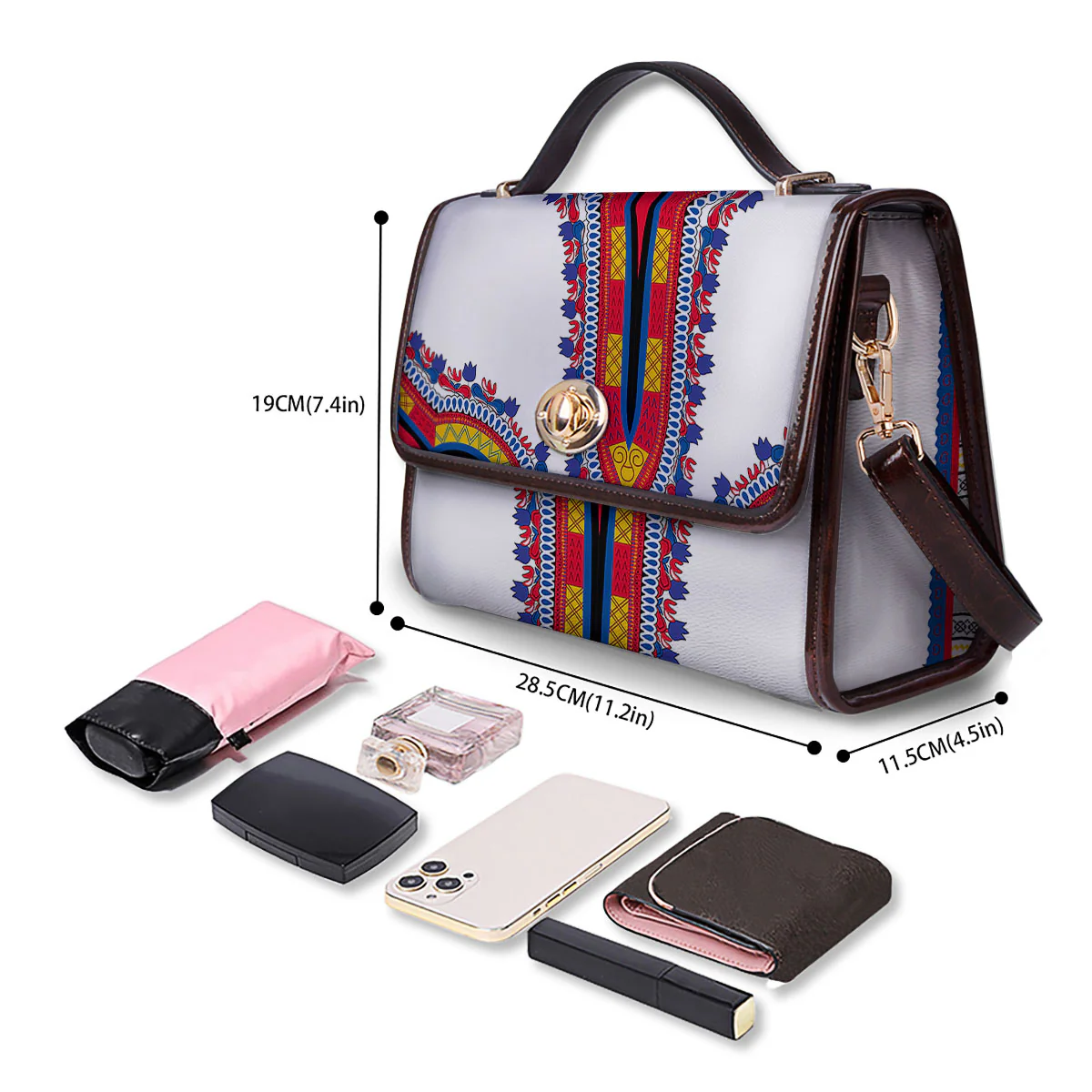 African Dashiki White And Red Print Women's Satchel Bag - Image 4