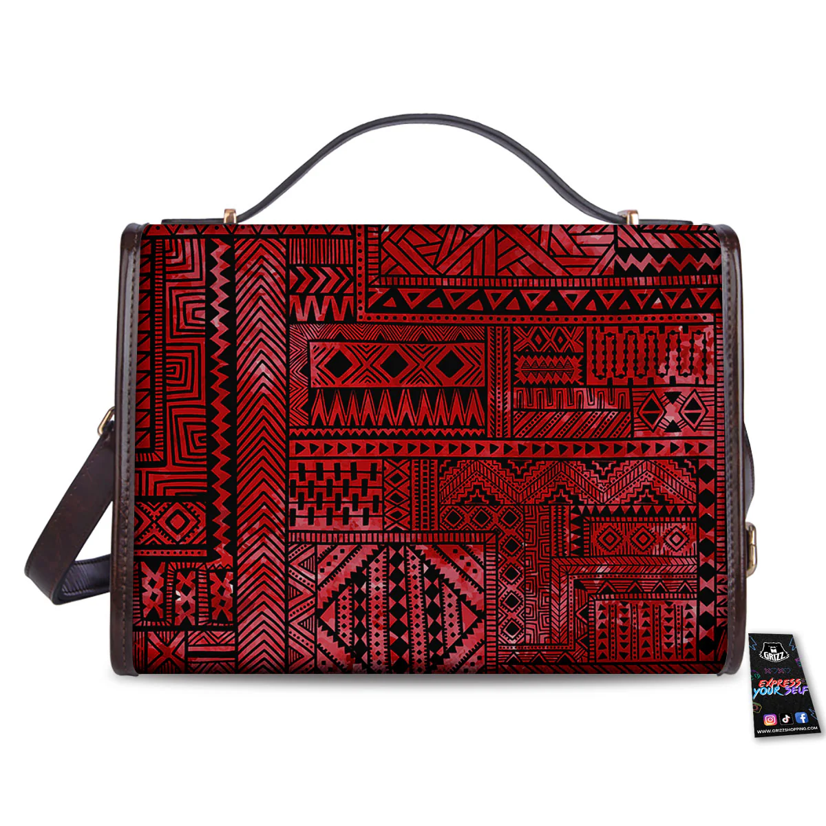 African Ethnic Black And Red Print Women's Satchel Bag - Image 2
