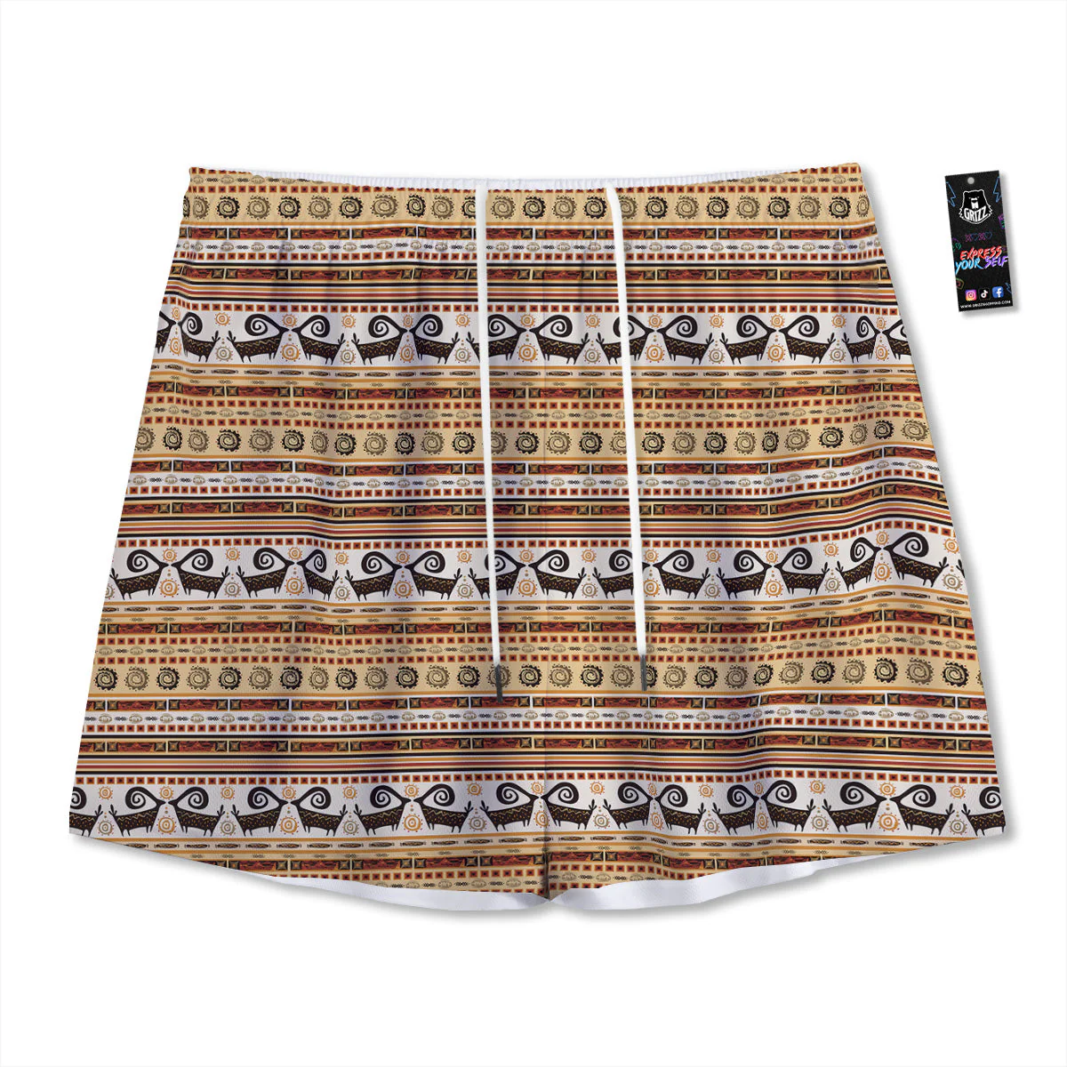 African Ethnic Brown Print Pattern Mesh Shorts