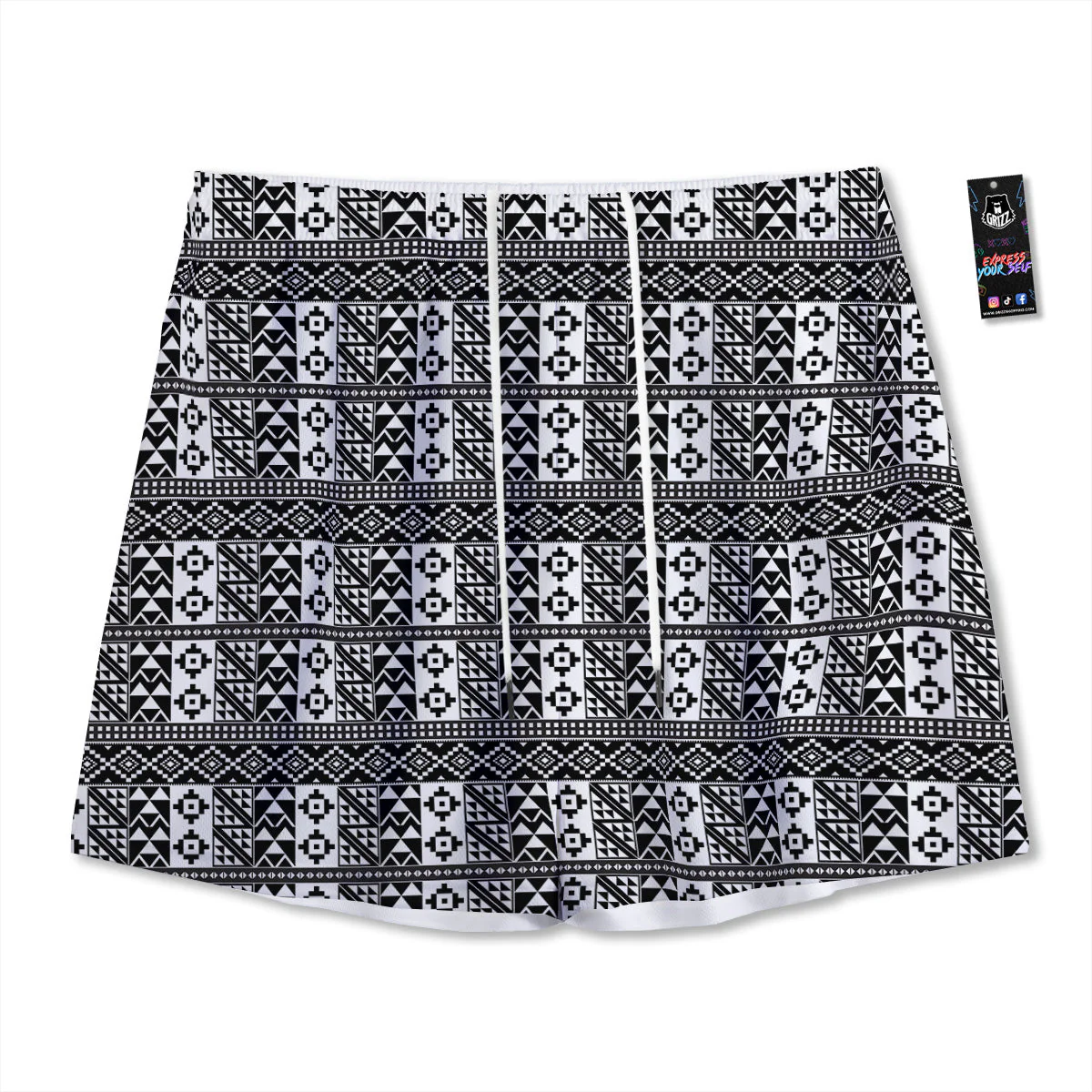 African Inspired White And Black Print Mesh Shorts
