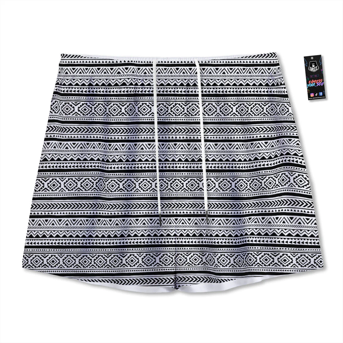 African Tribal White And Black Print Mesh Shorts
