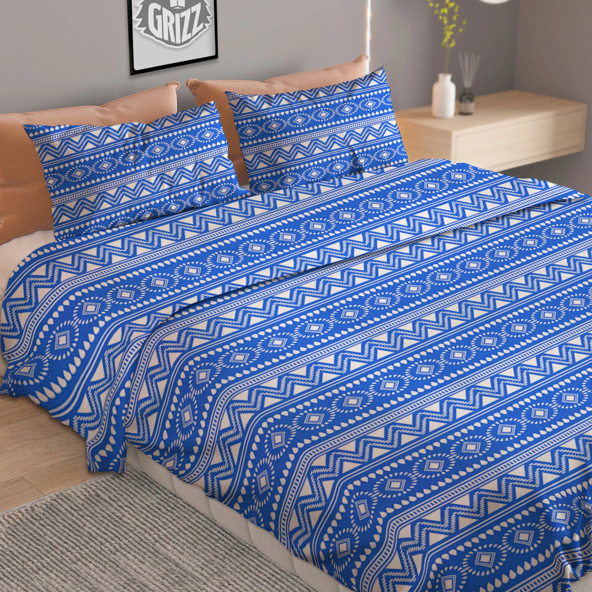 African White And Blue Print Pattern Duvet Cover Bedding Set - Image 2