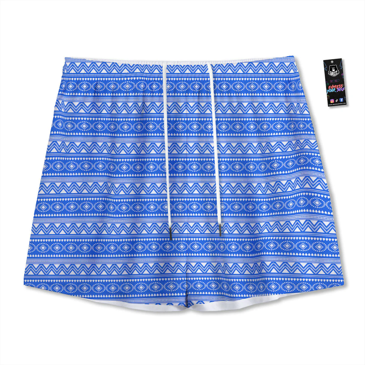 African White And Blue Print Pattern Mesh Shorts