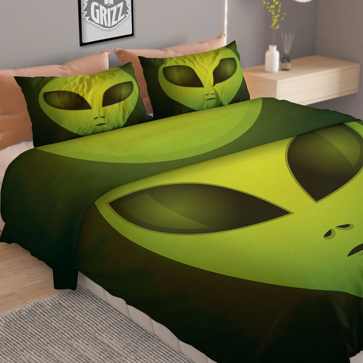 Alien Face Green Print Duvet Cover Bedding Set - Image 2