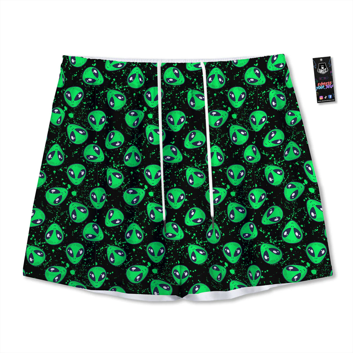 Alien Face Green Print Pattern Mesh Shorts